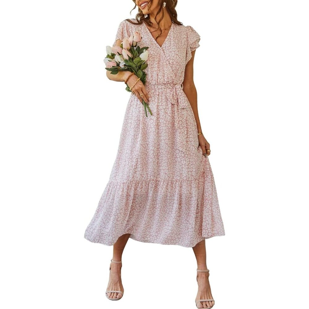 Women's Pink Floral Boho Dress Wrap V Neck Short Sleeve Belted Ruffle Hem A-Lin